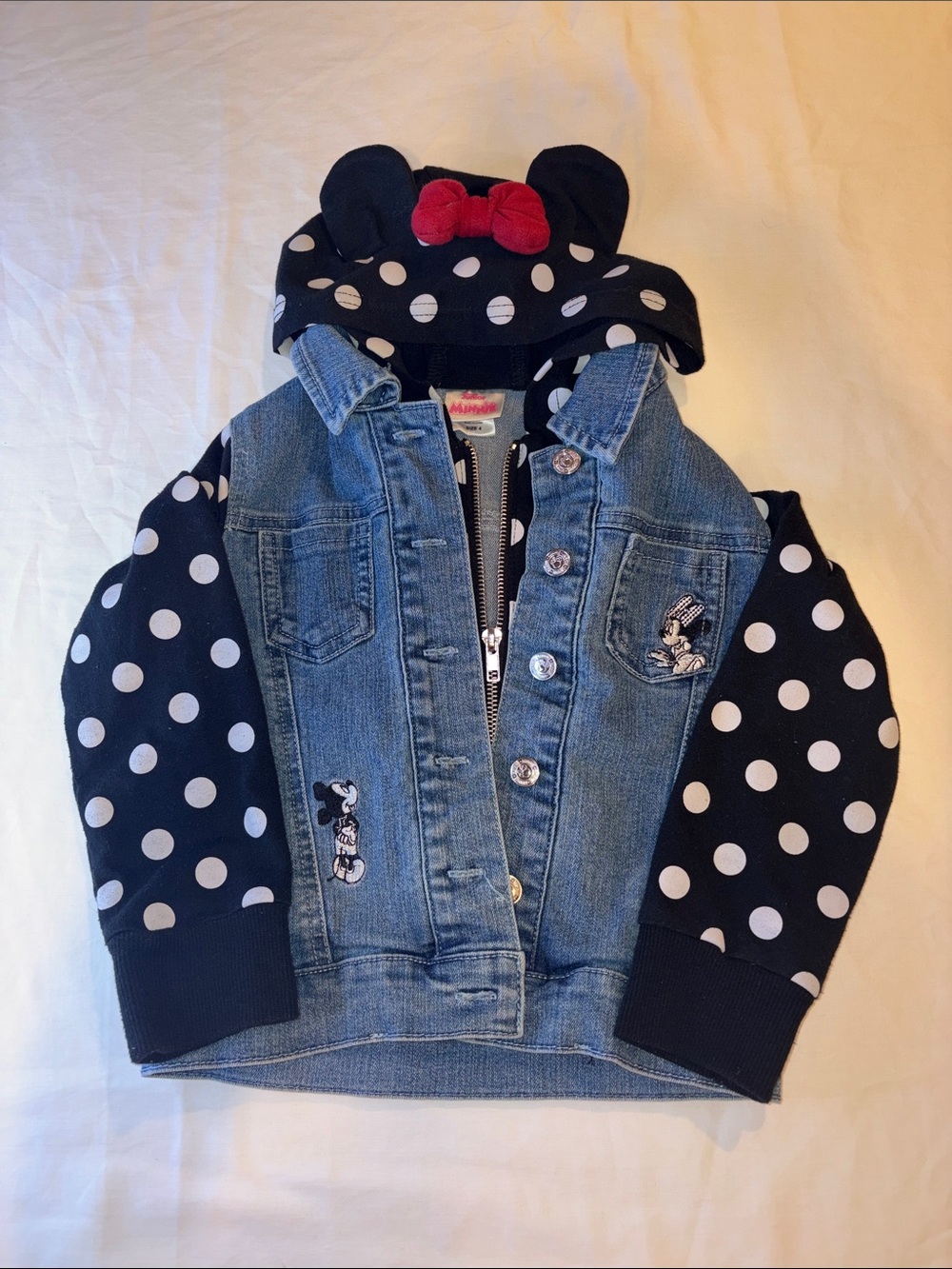 Disney Minnie Mouse Denim Jacket with Navy Polka Dot Hoodie and Red Bow